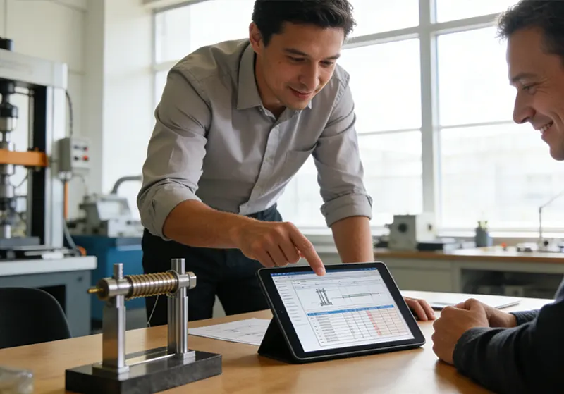 Expert and client collaborating on tensile testing solutions in modern office setting.