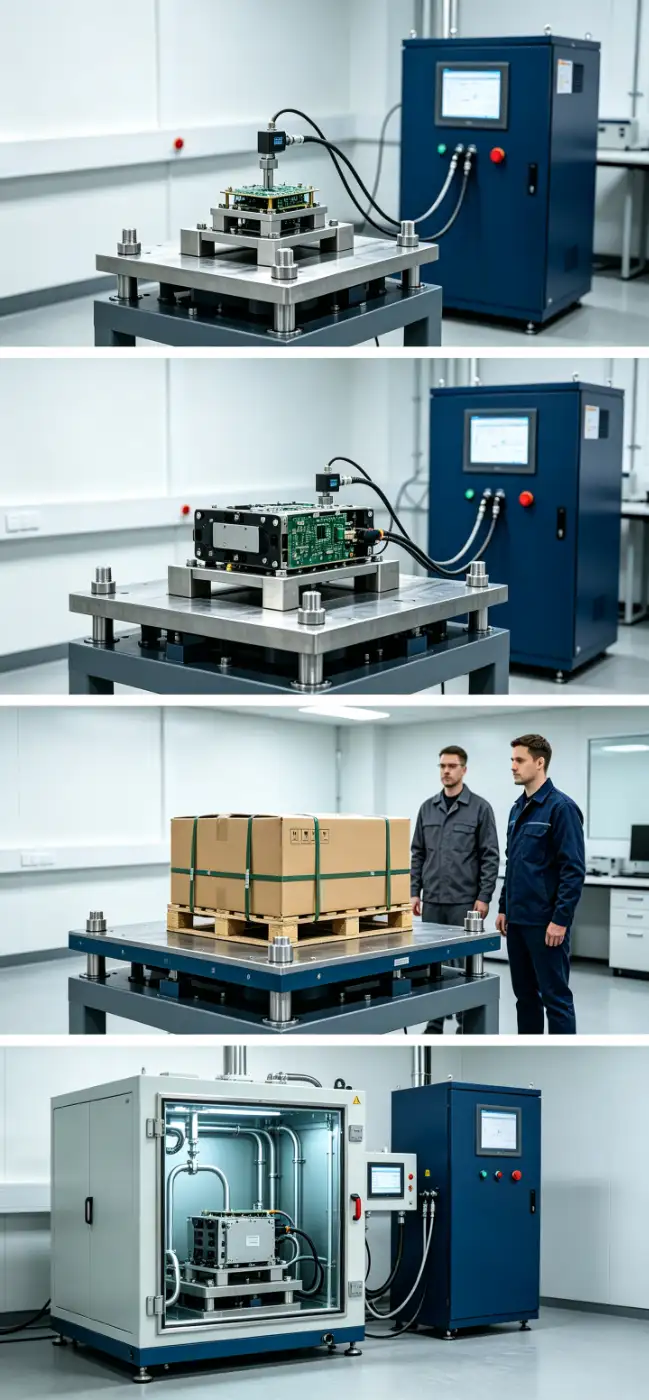 Vibration testing applications include resonance identification, random vibration, transport simulation and combined vibration-temperature testing. System capabilities depend on the configured shaker, controller, fixture, sensors and environmental chamber.