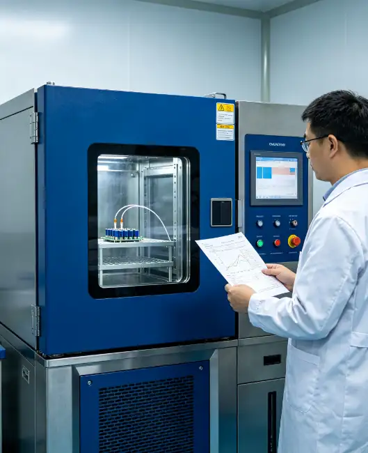 Engineer configuring a programmed temperature and humidity exposure profile on an environmental test chamber