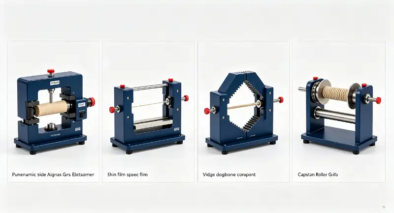 Tensile tester grips for elastomer, film, rigid specimens and cord testing
