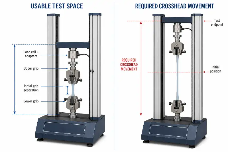 Difference between usable test space and required crosshead travel on a benchtop tensile tester